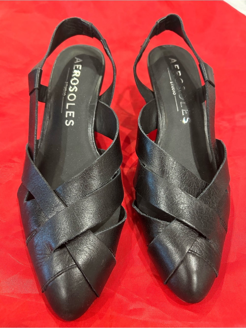 Aerosoles Black Leather Slingback Low Wedge Pointed-Toe Flats